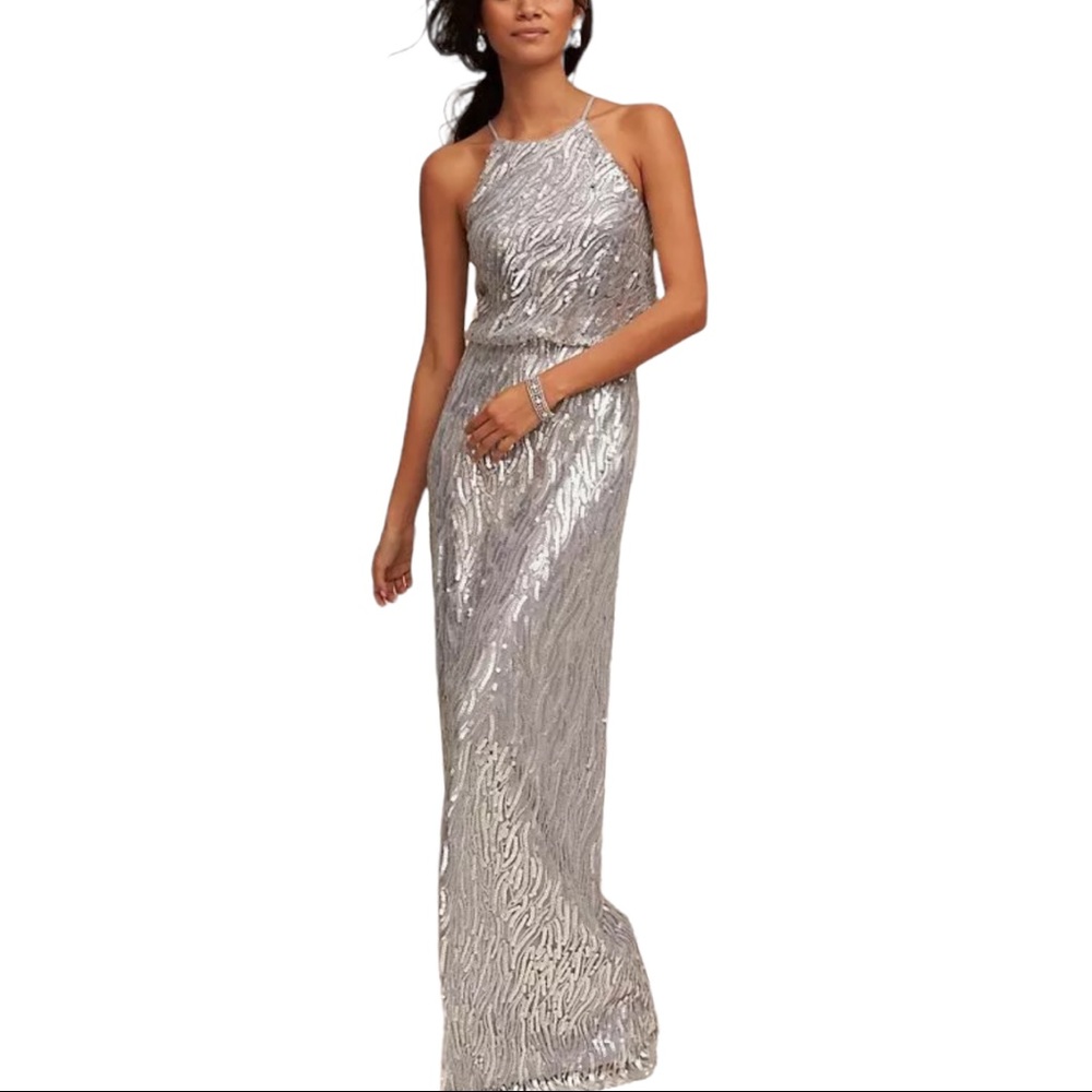 New Donna Morgan x BHLDN Alana 2 / XS Silver Sequin Maxi Gown